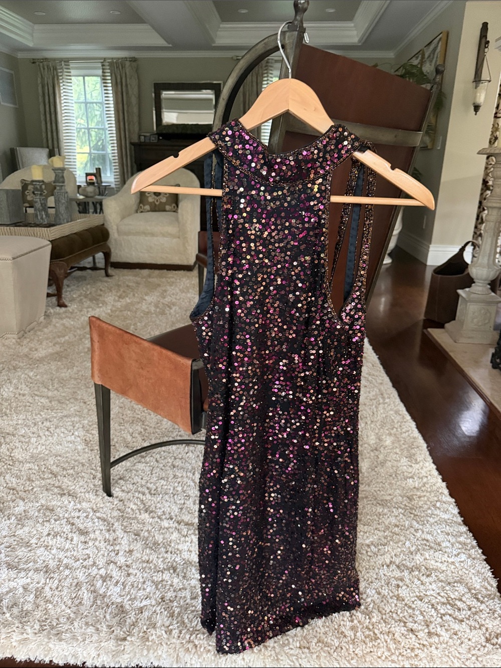 Oleg Cassini Black Sequin Dress with Pink Accents Open Back